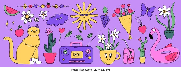 Trendy y2k stickers set. Summer fruits, funny characters, retro design elements. Bright line doodle vector nostalgia illustrations.