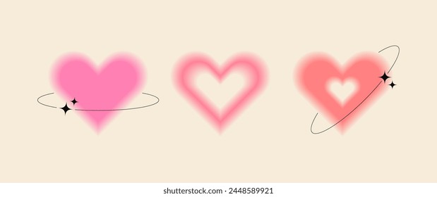 Trendy y2k style blurred shapes with frames and sparkles. Set of blurry hearts. Graphic elements in retro style for decoration and logo. Vector illustration.