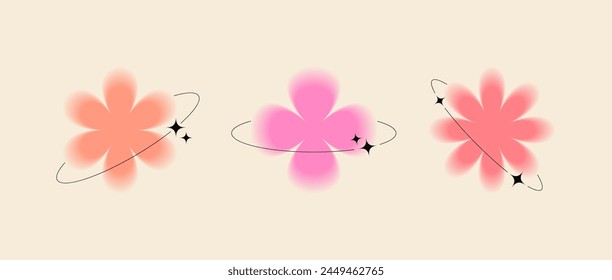 Trendy y2k style blurred shapes with frames and sparkles. Set of blurry flowers. Graphic elements in retro style for decoration and logo. Vector illustration.