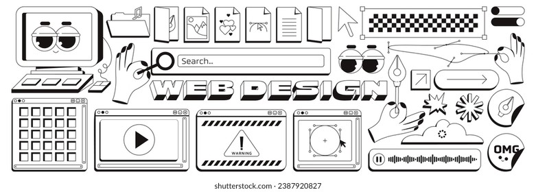 Trendy Y2K Benutzeroberfläche und moderne Elemente für Web Design. Zeitgenössischer Neobrutalismus-Stil. Cartoon Hand, Suchfenster, süßer Computer, Stift-Tool, Schachbrettmuster und andere Elemente. Monochrome Palette.