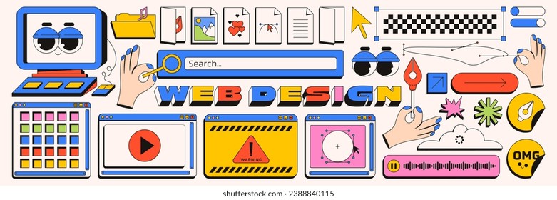 Trendy Y2K user interface and modern elements for web design. Contemporary neobrutalism style. Cartoon hand, searh window, cute computer, pen tool, checkered, and others elements.