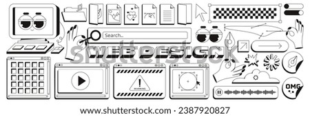 Trendy Y2K user interface and modern elements for web design. Contemporary neobrutalism style. Cartoon hand, searh window, cute computer, pen tool, checkered, and others elements. Monochrome palette.