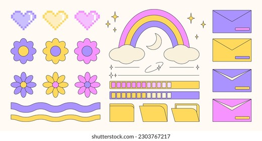 Trendy Y2K vector set of graphic objects, design elements, decorations, flowers, pixel hearts, rainbow and other.