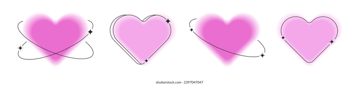 Trendy Y2K-style design template featuring a blurry pink heart aura aesthetic element with linear forms and sparkles. The design includes modern minimalist blurred gradient hearts with stars, vector.