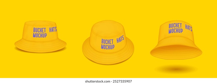 Conjunto de Ilustración vectorial realista de maqueta de sombreros de cubo amarillo de moda. Accesorios de casco de moda callejera modelos de Plantilla 3d sobre fondo de color