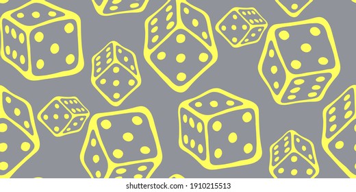 Trendy yellow illuminating outline game cubes in doodle style on ultimate gray seamless background. Flying playing cube perfect for kids playroom, textiles, packaging. Stay home hobby time.