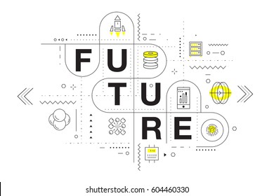 Trendy yellow Innovation systems layouts in polygonal contour line composition, future analysis and technology operations. Made awesome geometry style with linear pictogram of future for web design.