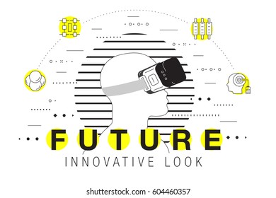 Trendy yellow Innovation systems layouts in polygonal contour line composition, future analysis and technology operations. Made awesome geometry style with linear pictogram of future for web design.