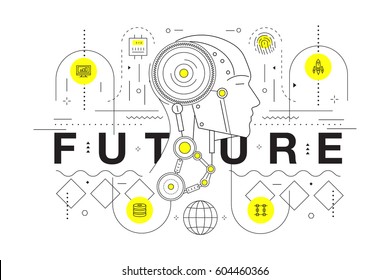 Trendy yellow Innovation systems layouts in polygonal contour line composition, future analysis and technology operations. Made awesome geometry style with linear pictogram of future for web design.