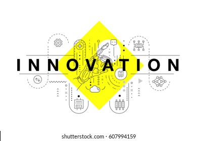 Trendy yellow Innovation systems layouts in polygonal contour line composition, future analysis and technology operations. Made awesome geometry style with linear pictogram of future for web design.