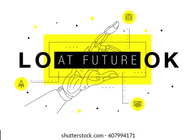 Trendy yellow Innovation systems layouts in polygonal contour line composition, future analysis and technology operations. Made awesome geometry style with linear pictogram of future for web design.