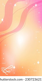 Trendy yellow orange pink blurry mesh gradient abstract storic template background with copy space and hand drawn Kawaii Y2K line and wave elements smooth and rounded doodles