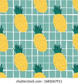 Trendy yellow pineapple seamless pattern on green background. Hand drawn summer tropical fruits texture. Design for fabric, textile print, wrapping paper, cover. Vector illustration