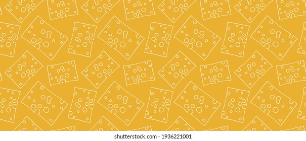 Patrón de moda amarillo sin costura con trozos de queso con agujeros grandes. Impresión divertida para ropa, textiles, cuadernos, vajilla, postales, carteles, afiches. Portada para libro de cocina, menú, folleto, catálogo.