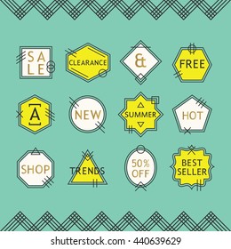 Trendy yellow and white line sale emblems set on blue background with black line chevron framing