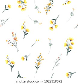  Trendy yellow wind blowing  Floral pattern in the many kind of flowers. Wild botanical  Motifs scattered Seamless vector texture. For fashion prints. Printing with in hand drawn style on white.