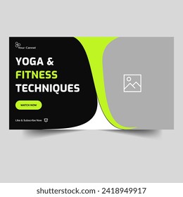 Trendy yoga and fitness video thumbnail banner design, body fitness training tips and tricks video cover banner design, fully editable vector eps 10 file format