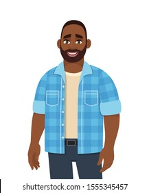 Trendy young African American man standing. Stylish person looking and posing. Male character design illustration. Diverse people. Modern lifestyle concept in vector cartoon style.