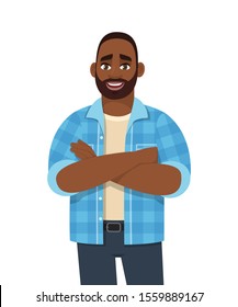 Trendy Young African American Man Standing With Crossed Arms. Stylish Person Looking And Posing Folded Hands. Male Character Design Illustration. Modern Lifestyle Concept In Vector Cartoon Style.