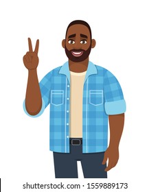 Trendy young African American man showing victory, peace, V or winning gesture. Person making two sign with fingers. Male character design illustration. Modern lifestyle concept in vector cartoon.