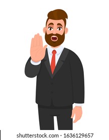 Trendy Young Business Man Making Or Showing Stop Gesture Sign With Hand, Saying No. Shocked Person Warning Signal With Palm Of The Hand.  Human Emotions And Modern Lifestyle In Vector Cartoon Style.