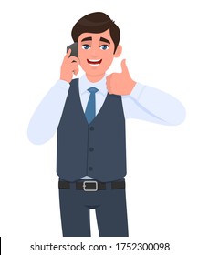 Trendy young business man in waistcoat speaking on phone and showing thumbs up gesture sign. Person calling to mobile, making like/agree symbol. Male talking over cellphone. Cartoon design in vector.