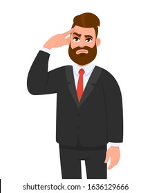 Trendy young businessman holding or touching finger on forehead. Thoughtful bearded person thinking and looking up. Hipster male character illustration. Modern lifestyle concept in vector cartoon.