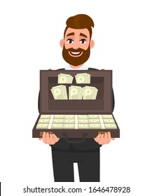 Trendy young businessman showing briefcase full of cash. Stylish hipster person carrying money or currency notes in bag. Business, finance and modern lifestyle concept illustration in vector cartoon.