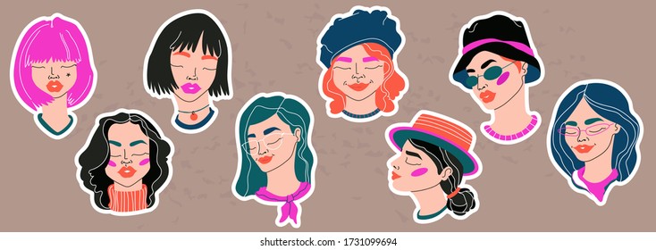 Trendy young female faces stickers. Teenage girls hand-drawn vector collection. Trendy colour digital drawings. Isolated elements on a light brown background. Cute feminine faces for web and print.