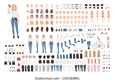 Trendy young girl constructor set or DIY kit. Collection of body elements in various postures, fashionable apparel. Female cartoon character. Front, side, back views. Flat vector illustration.