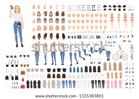 Trendy young girl constructor set or DIY kit. Collection of body elements in various postures, fashionable apparel. Female cartoon character. Front, side, back views. Flat vector illustration.
