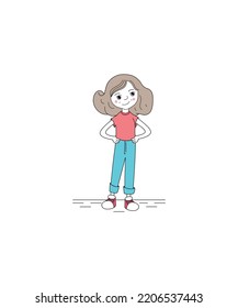 A trendy young girl keeping hands in her pocket. A cheerful girl is standing and posing isolated. girl character design illustration.  girl character vector isolated on white background. 
