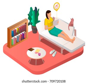 Trendy young girl sitting in a comfortable sofa with a cat and looking eastern food in gadget, high-tech technologies, mobile phones, social networks. Fashionable isometric people and gadgets.