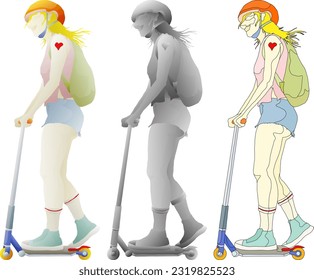 Trendy young lady with a backpack travel on a kick scooter bike, isolated against white. 3D vector illustration. 