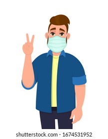 Trendy young man covering face with medical mask and showing victory, peace sign. Hipster person wearing hygienic facial protection and gesturing success symbol. Cartoon illustration in vector style.