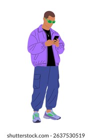 Trendy young man in stylish streetwear using smartphone. Vector illustration of fashionable guy in sunglasses, cargo pants, and jacket. Isolated on white background.