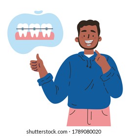 Trendy young man with teeth braces.Dental care.African american man smiling and showing his smile with dental braces.Vector cartoon illustration isolated on white background.Colorful flat style.