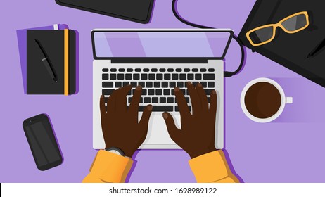 Trendy Young Man Working On Laptop At Home Office. Purple Desk And Orange Elements. Notes, Smartphone, Notebooks, Cup Of Coffee, 
Glasses And Tablet. Self Employed, Telework, Work From Home Concept