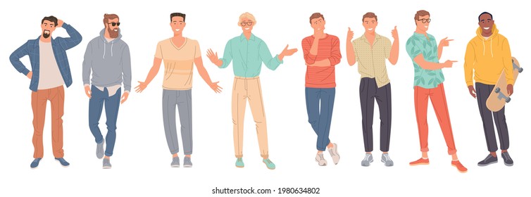 Trendy young men set. Creative diverse people in the modern clothing, shoes, jeans, isolated on white background. Diversity concept.