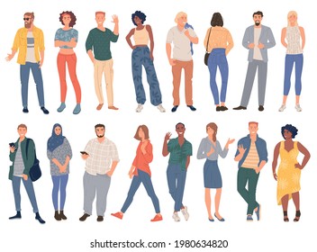 Trendy young people men and women. Creative diverse people in the modern clothing, shoes, jeans, isolated on white background. Diversity concept.