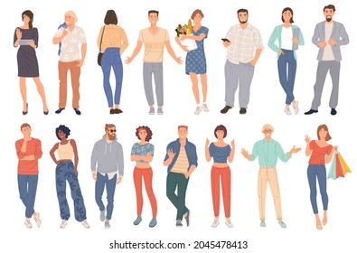 Trendy young people men and women. Creative diverce people in the modern clothing, shoes, jeans, isolated on white background. Diversity concept.