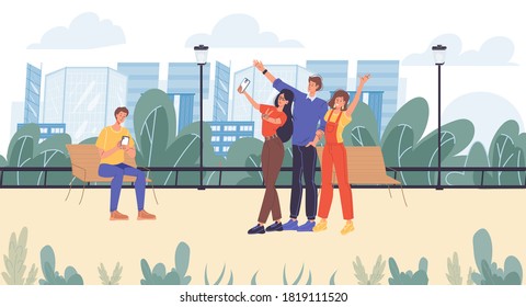 Trendy young people using gadget to take photo, surfing internet, browsing, chatting, mailing. Friend group making selfie, lonely guy communicating online, networking. Digital technology in human life
