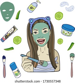 Trendy young woman in cosmetology mask and skin and body care products isolated on a white background. Hand drawn vector illustration. Flat cartoon style. Skin care routine icons.