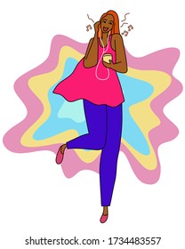 Trendy young woman happy dancing outdoors and listening to music with her headphones on abstract background. Flat design vector illustration.