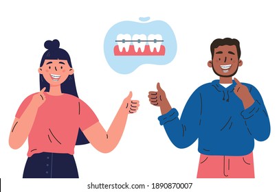 Trendy young woman and man with teeth braces. Dental care. People showing their smile with dental braces.Vector cartoon illustration isolated on white background. Colorful flat style. Character design