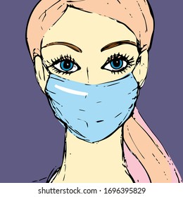 Trendy young woman with pink hair in a medical mask. Nice girl with big eyes. Colorful hand drawn vector isolated on dark blue background. Health care concept. 