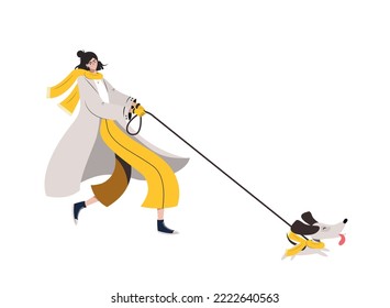 Trendy Young Woman Running With Dog. Pet Owner Strolling With Cute Puppy On Leash. Joyful Dog Pulls The Girl By The Leash. Isolated Vector Illustration On White Background.