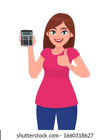 Trendy young woman showing, holding calculator and gesturing thumbs up sign. Modern stylish girl making like, good or positive symbol. Female character illustration. Cartoon design in vector style.