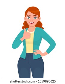 Trendy young woman showing thumbs up sign. Pretty teenage girl making like, good or success gesture. Female character design illustration. Emotions, modern lifestyle concept in vector cartoon style.