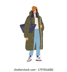 Trendy young woman in warm down jacket and hat vector flat illustration. Stylish female demonstrate street style fashion isolated on white. Modern girl in winter, spring or autumn clothing